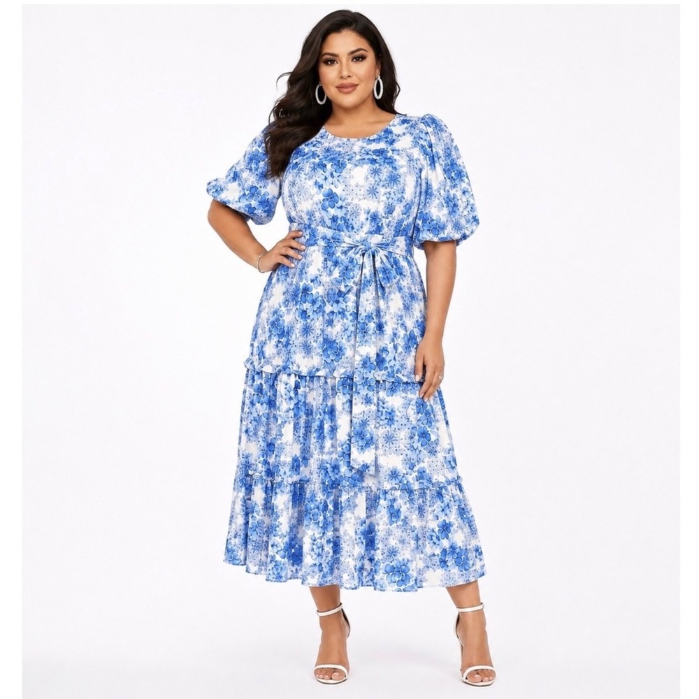 Mark & James Badgley Mischka Blue Floral Tile Tiered Midi Dress NWT Large